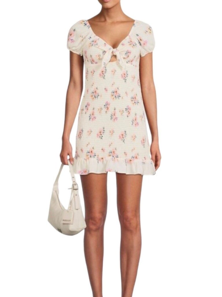 Madden Nyc Mini Dress Womens Size Xl Junior Cream Floral Cut Out Smocked